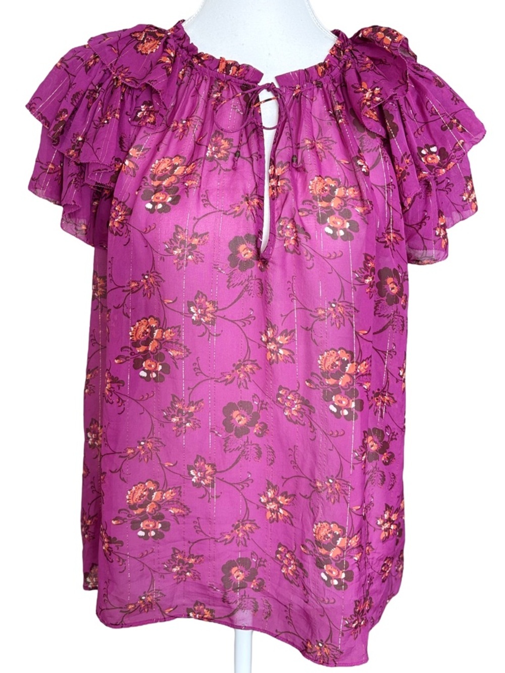 Ulla Johnson Silk Blend Fuchsia Floral Blouse Size 8 Boho Ruffle Sleeve Top